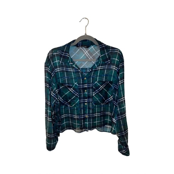 New Zara Sheer Metallic Threaded Green Plaid Cropped Blouse - Size L - Picture 3 of 15